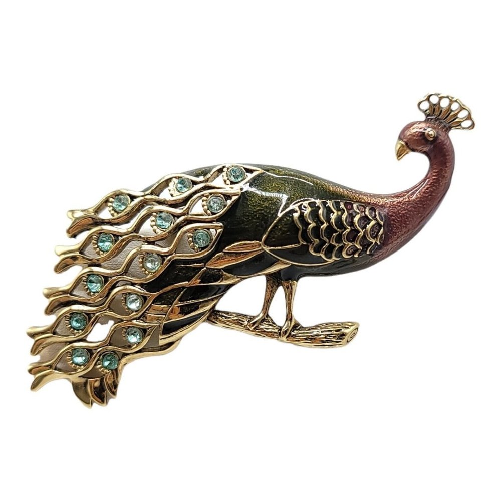 Vintage Peacock Brooch with Gold and Green Accents